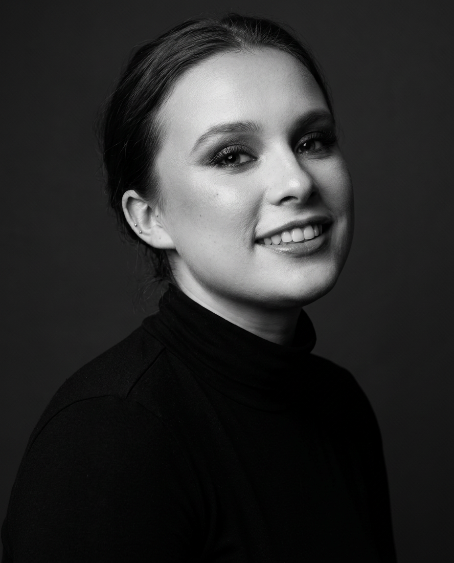 Black and white portrait of Cat Lawson